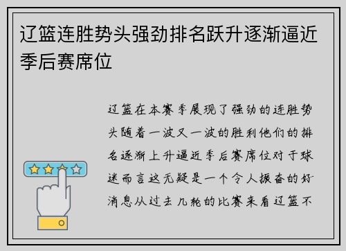 辽篮连胜势头强劲排名跃升逐渐逼近季后赛席位
